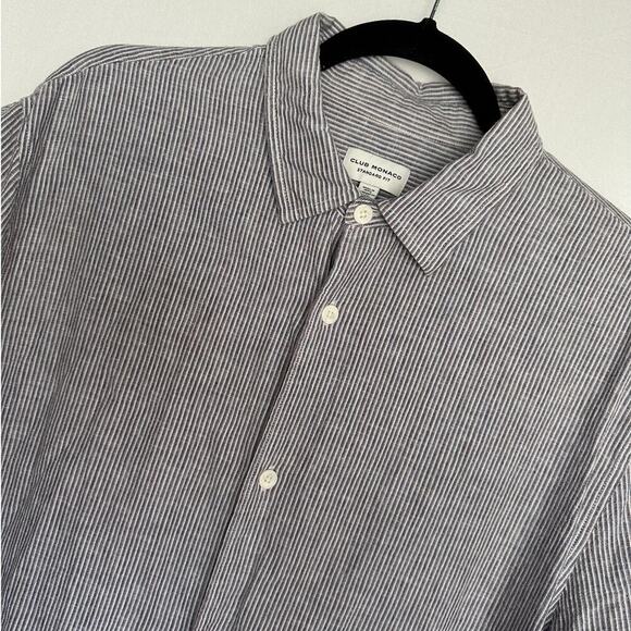 Club Monaco Men's XL Linen Blend Stripe Blue Short Sleeve Button Down Shirt‎ - Picture 1 of 9
